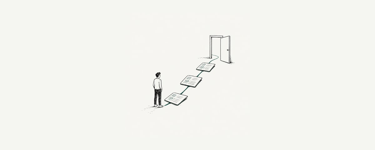 A developer follows a green path of documentation pages toward an open doorway.