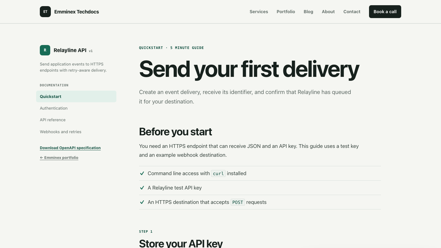 Relayline API quickstart showing prerequisites, navigation, and the first API-key setup step